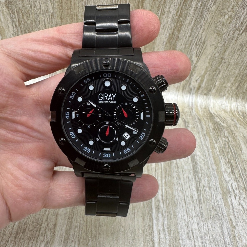 Saks Fifth Avenue GRAY Mens Black Ip Stainless Steel Chronograph Link Watch READ